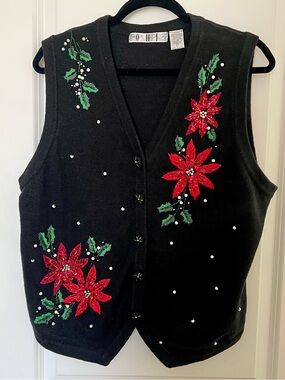 VNTG‎ Embroidered Poinsettia OHI Sweater Vest